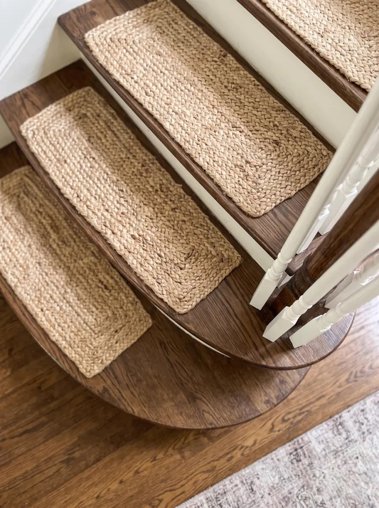 Natural Beige Jute Stair Treads Set, Braided Farmhouse & Coastal Staircase Mats