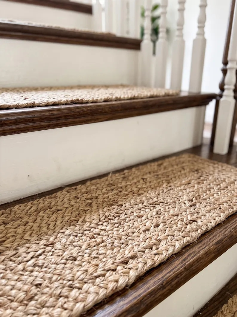 Natural Beige Jute Stair Treads Set, Braided Farmhouse & Coastal Staircase Mats