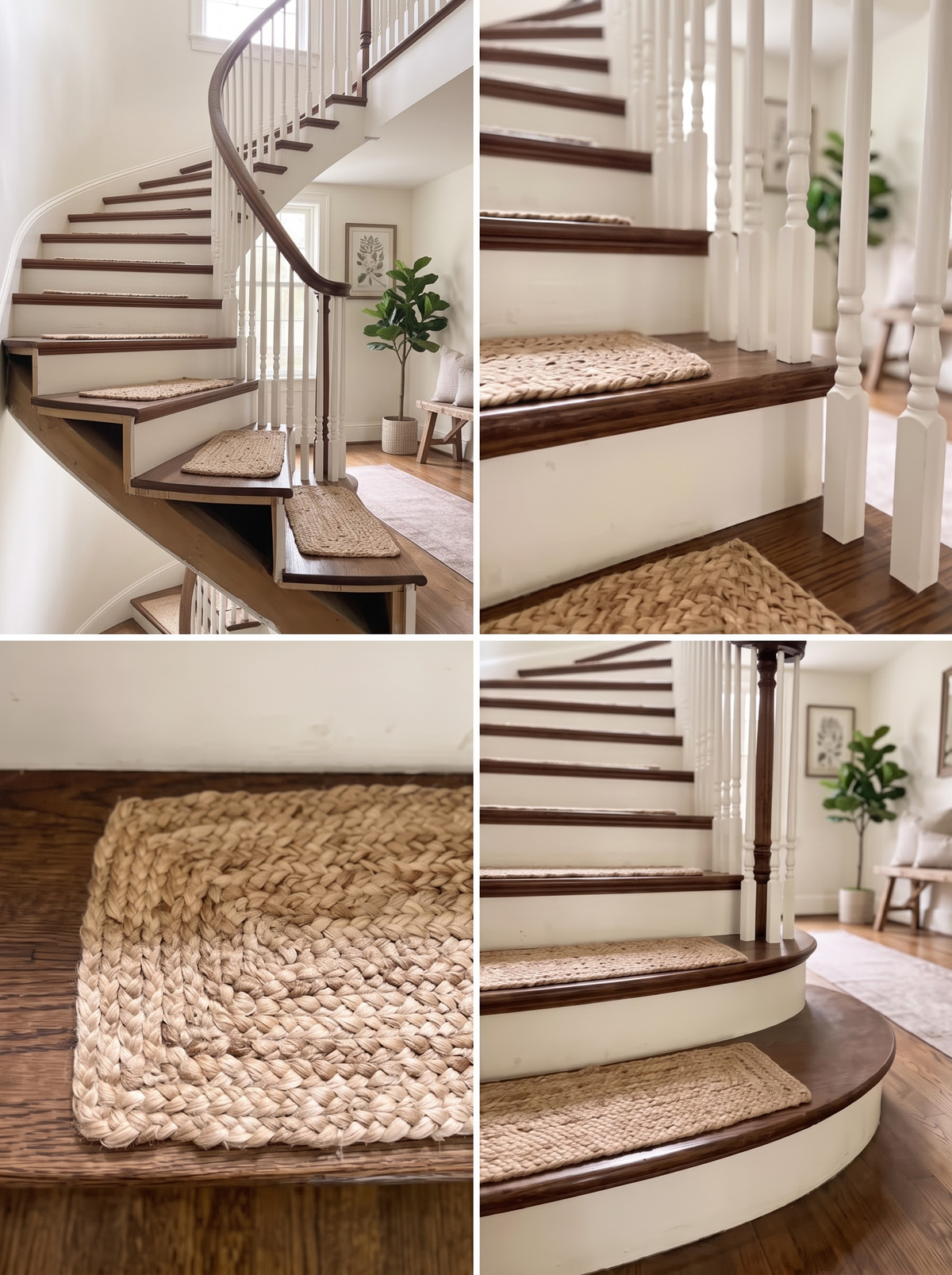 Natural Beige Jute Stair Treads Set, Braided Farmhouse & Coastal Staircase Mats