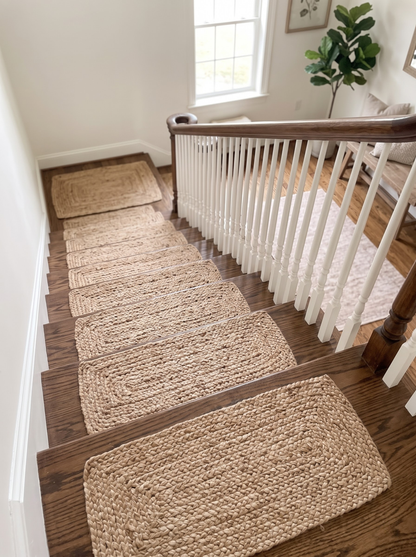 Natural Beige Jute Stair Treads Set, Braided Farmhouse & Coastal Staircase Mats