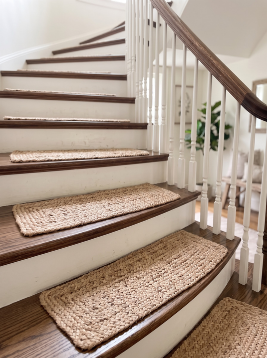 Natural Beige Jute Stair Treads Set, Braided Farmhouse & Coastal Staircase Mats