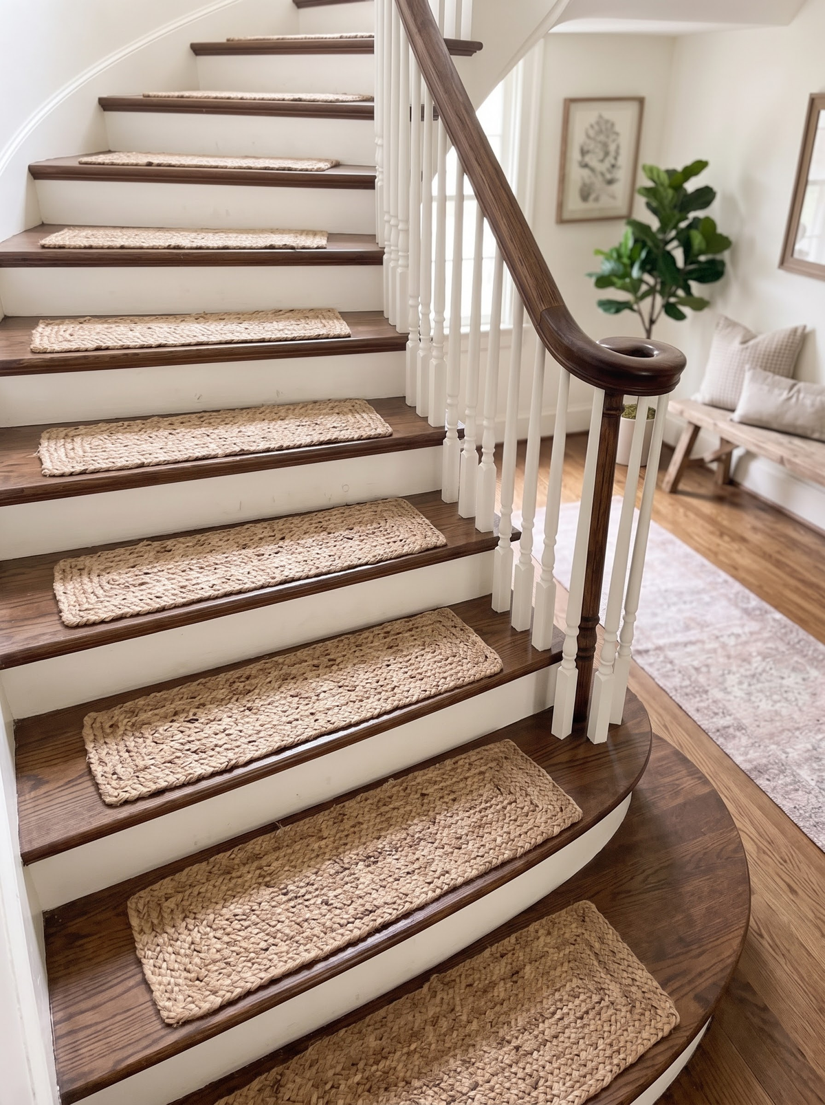 Natural Beige Jute Stair Treads Set, Braided Farmhouse & Coastal Staircase Mats