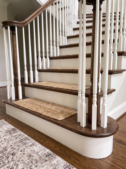 Natural Beige Jute Stair Treads Set, Braided Farmhouse & Coastal Staircase Mats