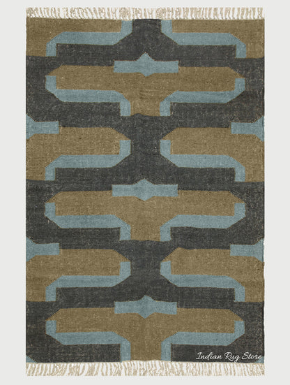 Hand Woven Farm House Decor Gray Grayish Brown Geometric Wool Jute Rug