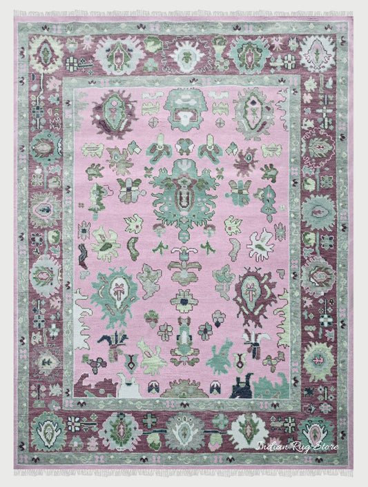 Natural Pink Bedroom Oushak Wool Traditional Rug