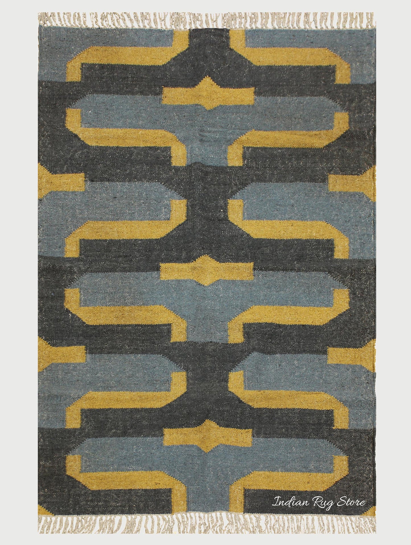 Indian Hand Woven Geometric Black Yellow Trendy Wool Jute Rug