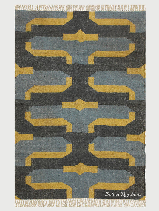 Indian Hand Woven Geometric Black Yellow Trendy Wool Jute Rug