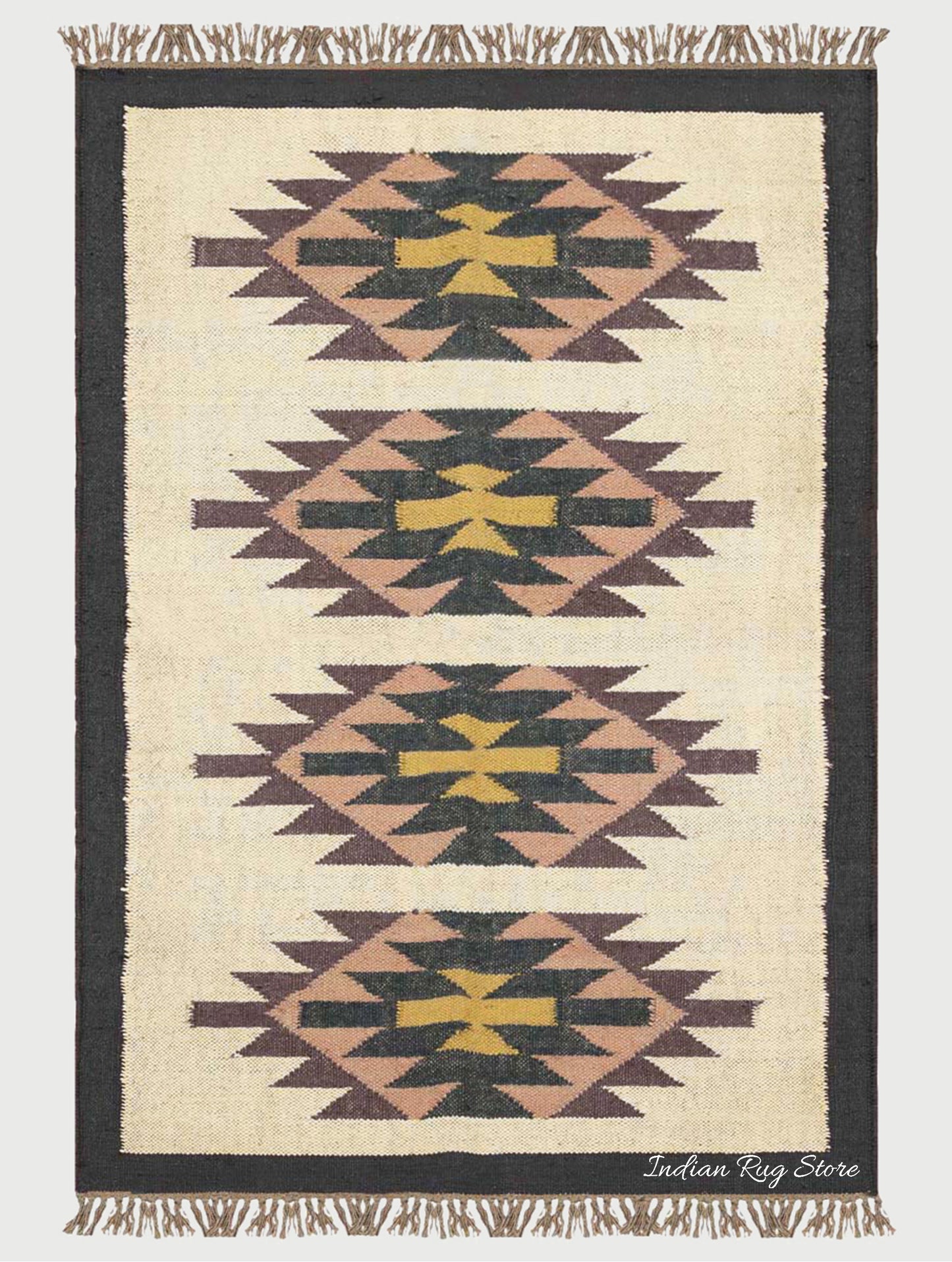 Multicolor Black Geometric Hand Woven Farm House Wool Jute Rug