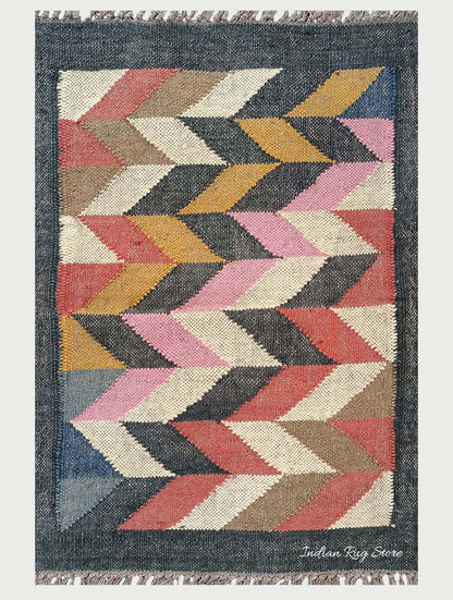 Indian Hand Woven Multicolor Geometric Home Decor Wool Jute Rug