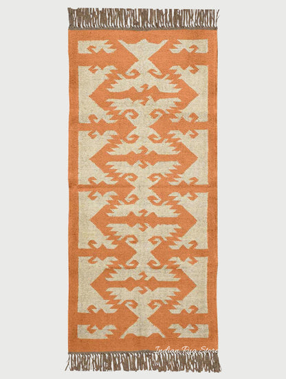 Indian Hand Woven Beige Orange Wool Dining Area Rug