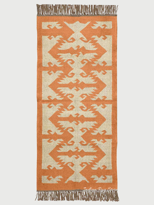 Indian Hand Woven Beige Orange Wool Dining Area Rug