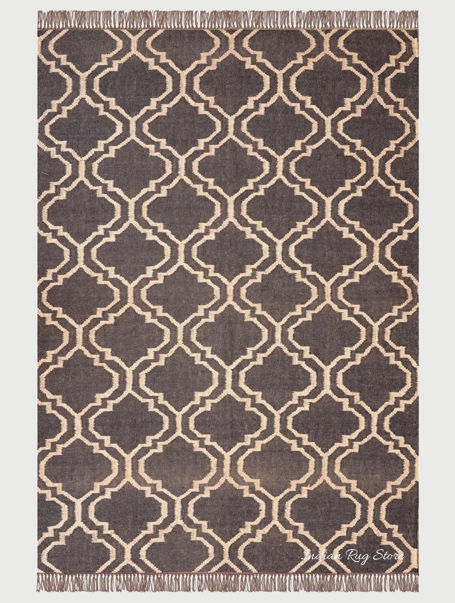 Black Brown Indian Hand Woven Geometric Trendy Wool Jute Rug