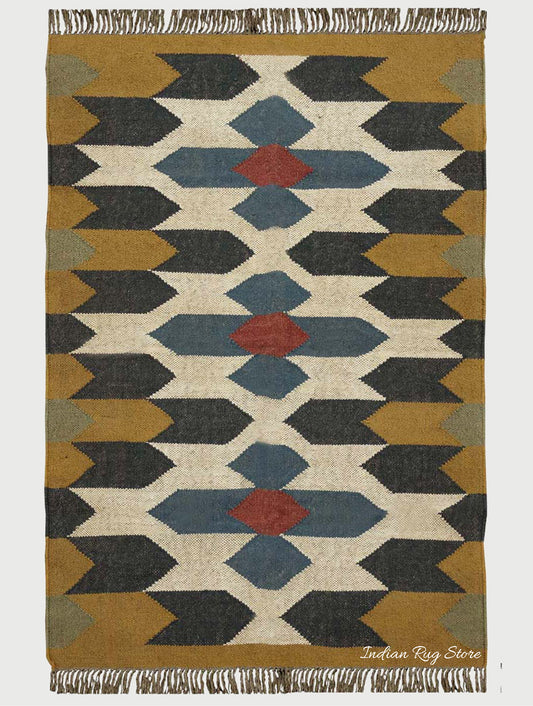 Indian Hand Woven Geometric Yellow Beige Wool Jute Rug