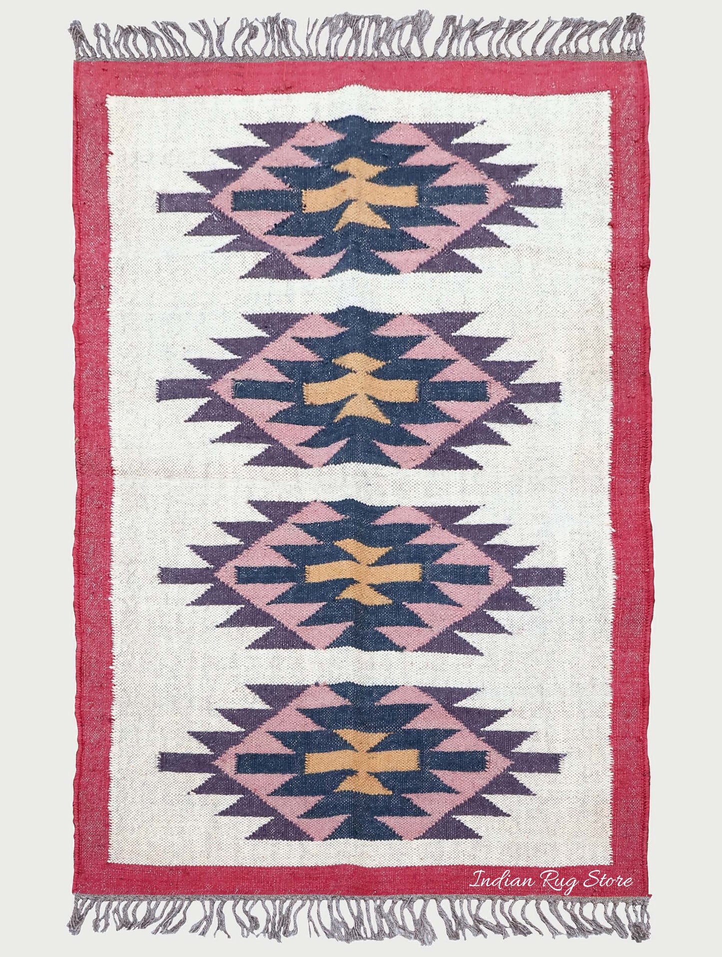 White Red Indian Hand Woven Geometric Dining Hall Wool Jute Rug