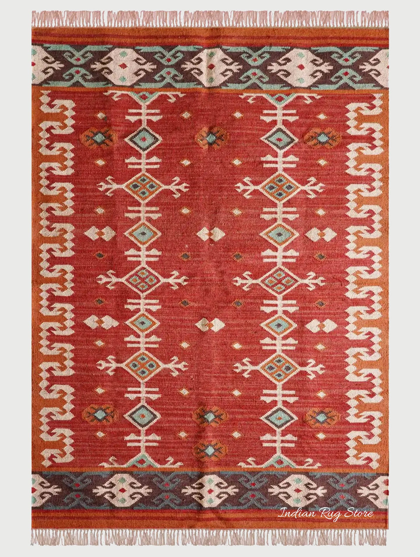 Red White Indian Hand Woven Geometric Trendy Wool Jute Rug