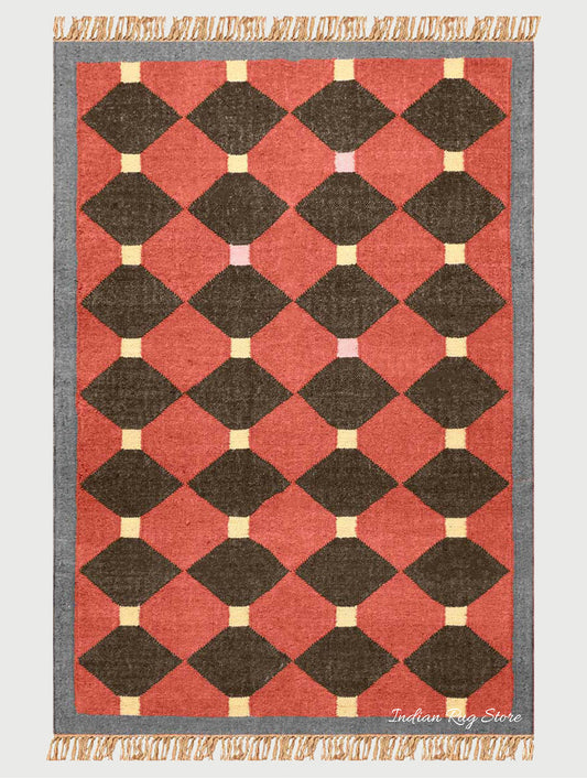 Geometric Maroon Gray Hand Woven Home Decor Wool Jute Rug