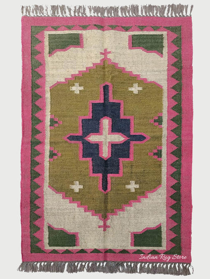 Multicolor Indian Hand Woven Geometric Bedroom Decor Wool Jute Rug