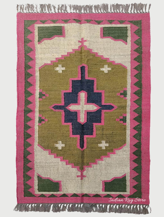 Multicolor Indian Hand Woven Geometric Bedroom Decor Wool Jute Rug