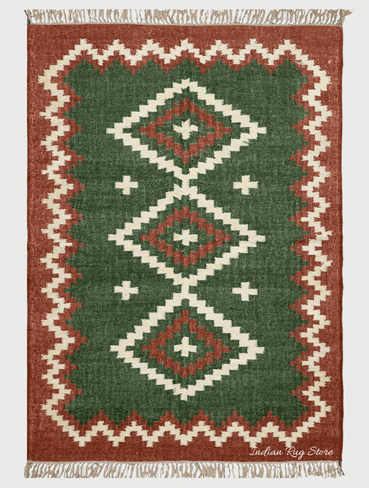 Geometric Hand Woven Dark Green Brown Interior Decor Wool Jute Rug