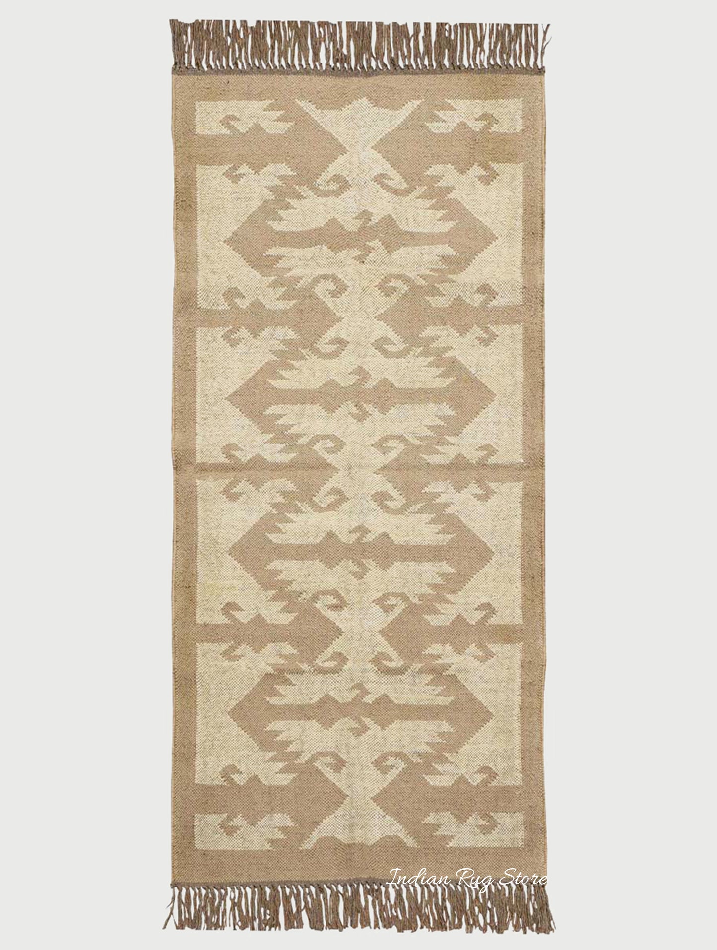 Indian Hand Woven Geometric Beige Brown Wool Jute Rug