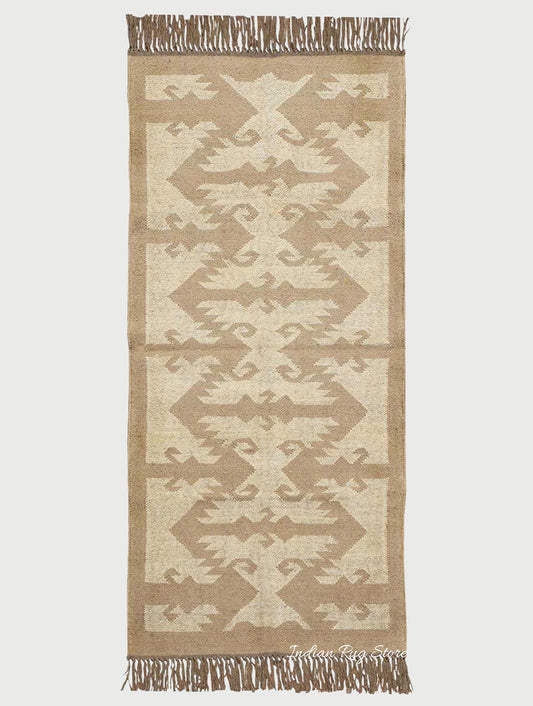 Tappeto indiano in juta di lana beige marrone geometrico tessuto a mano