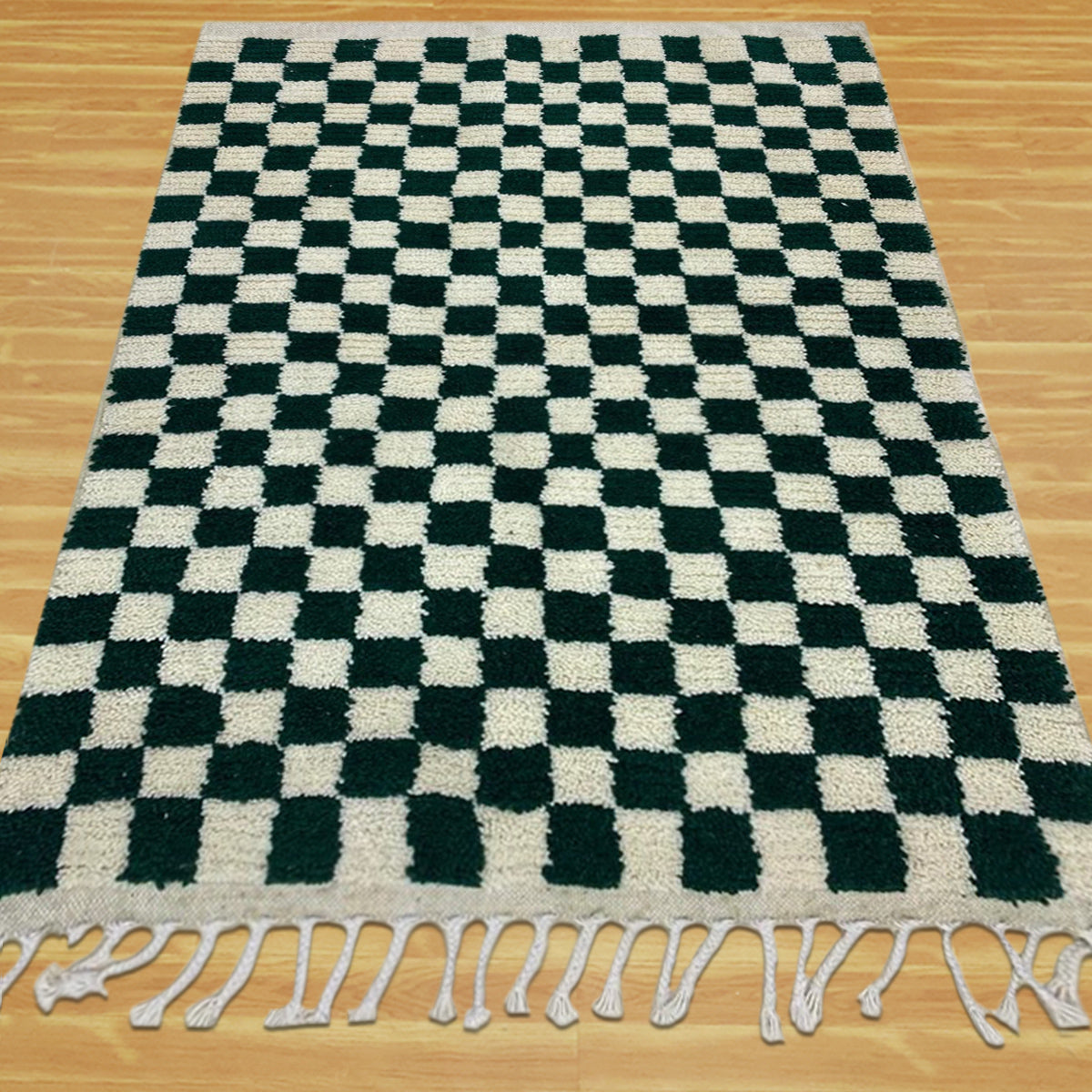 Checked Hand Made Soft Wool Green Modern Area Rug