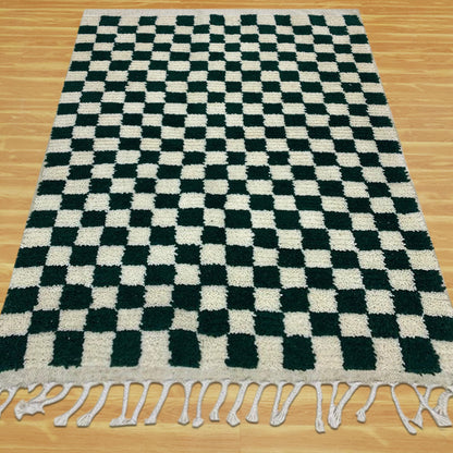 Checked Hand Made Soft Wool Green Modern Area Rug