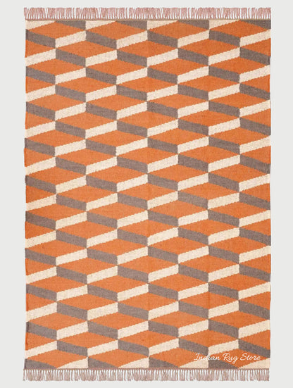 Orange Brown Indian Hand Woven Geometric Trendy Wool Jute Rug