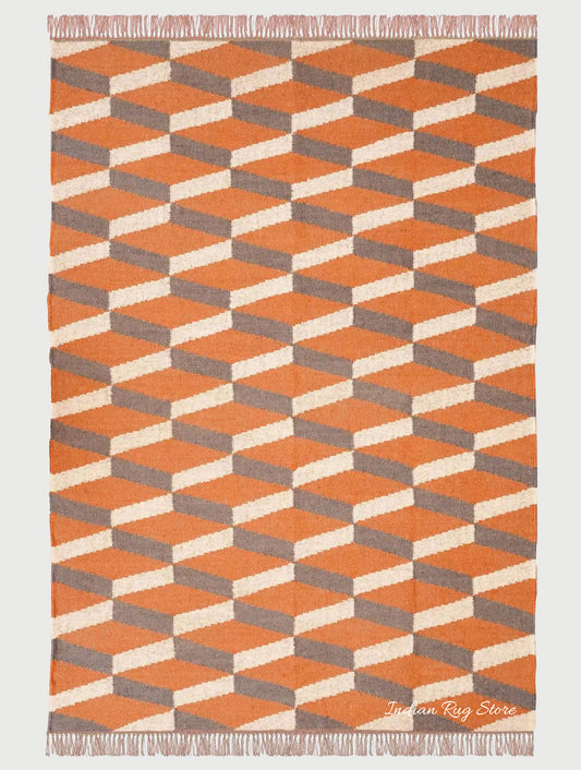 Orange Brown Indian Hand Woven Geometric Trendy Wool Jute Rug