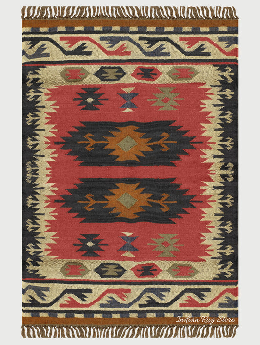 Red Black Hand Woven Geometric Living Area Wool Jute Rug