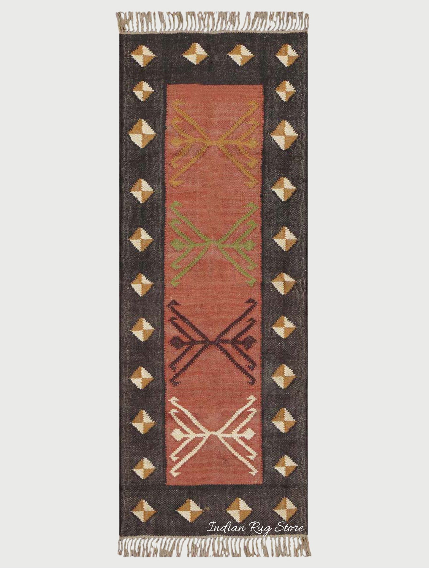 Tappeto da cucina marrone in kilim di juta intrecciato a mano indiano