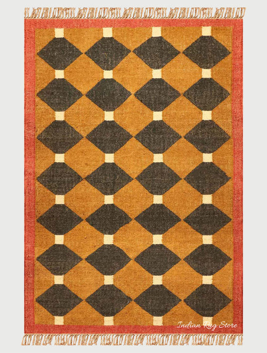 Indian Hand Woven Geometric Yellow Black Wool Jute Rug