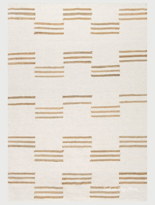 Indian Hand Woven Geometric White Brown Trendy Wool Jute Rug