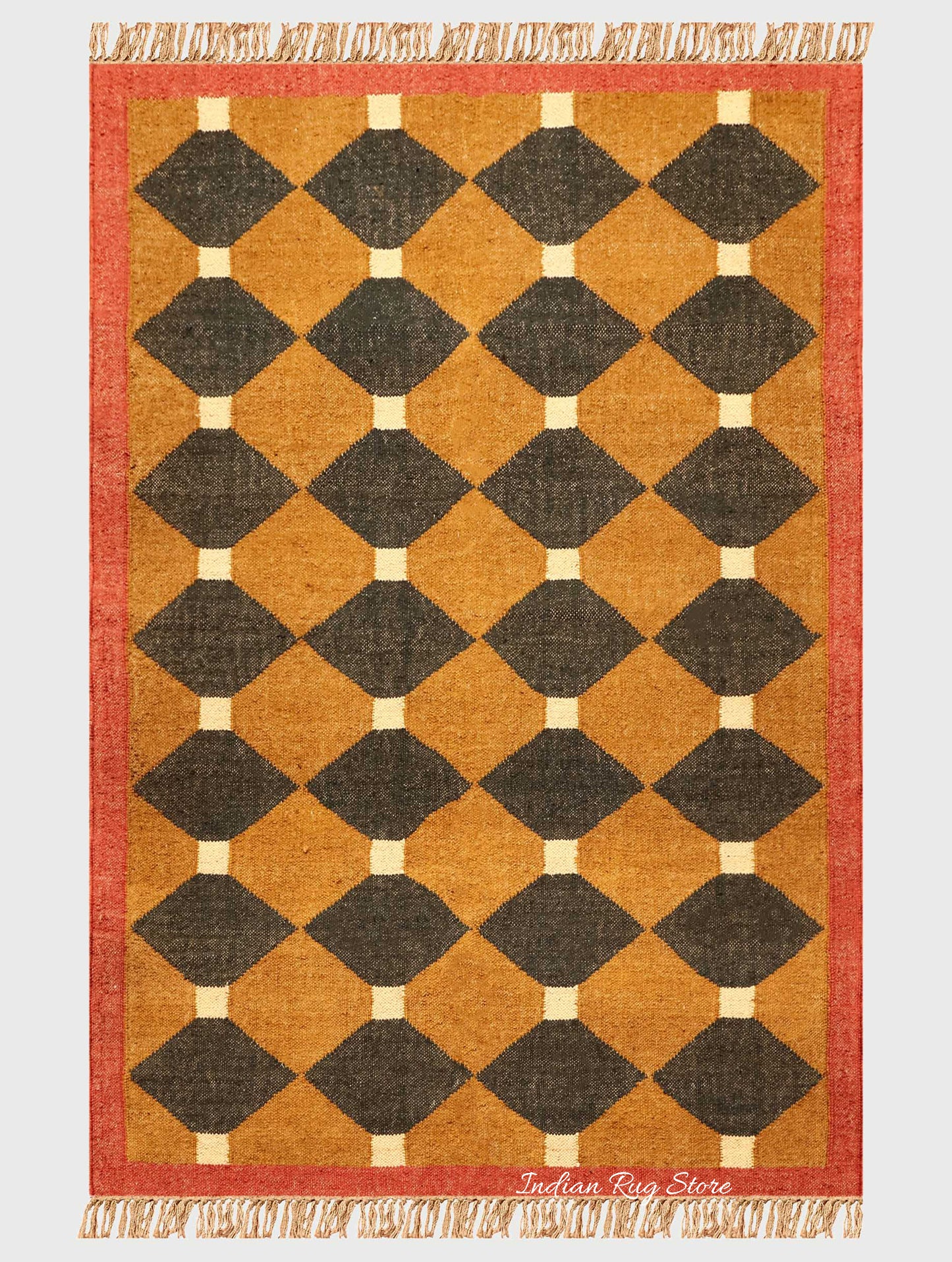 Indian Hand Woven Black Yellow Geometric Hallway Decor Wool Jute Rug