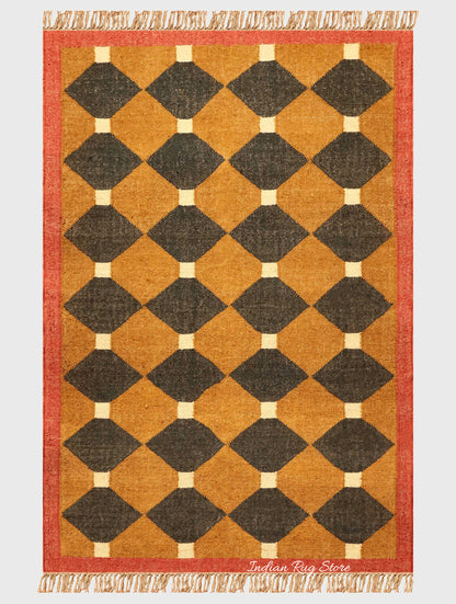 Indian Hand Woven Black Yellow Geometric Hallway Decor Wool Jute Rug