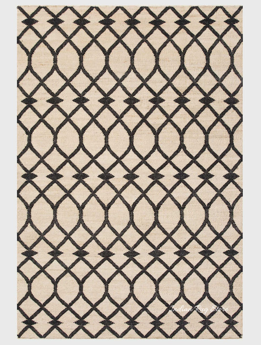 Beige Black Indian Hand Woven Geometric Dining Hall Beautiful Wool Jute Rug