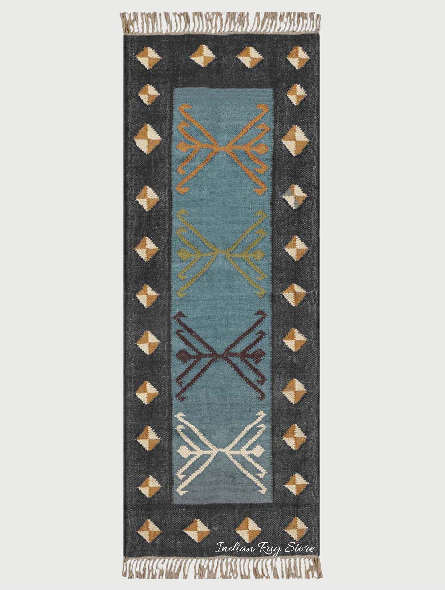 Indian Hand Woven Jute Kilim Runner Gray Multicolor Kitchen Rug