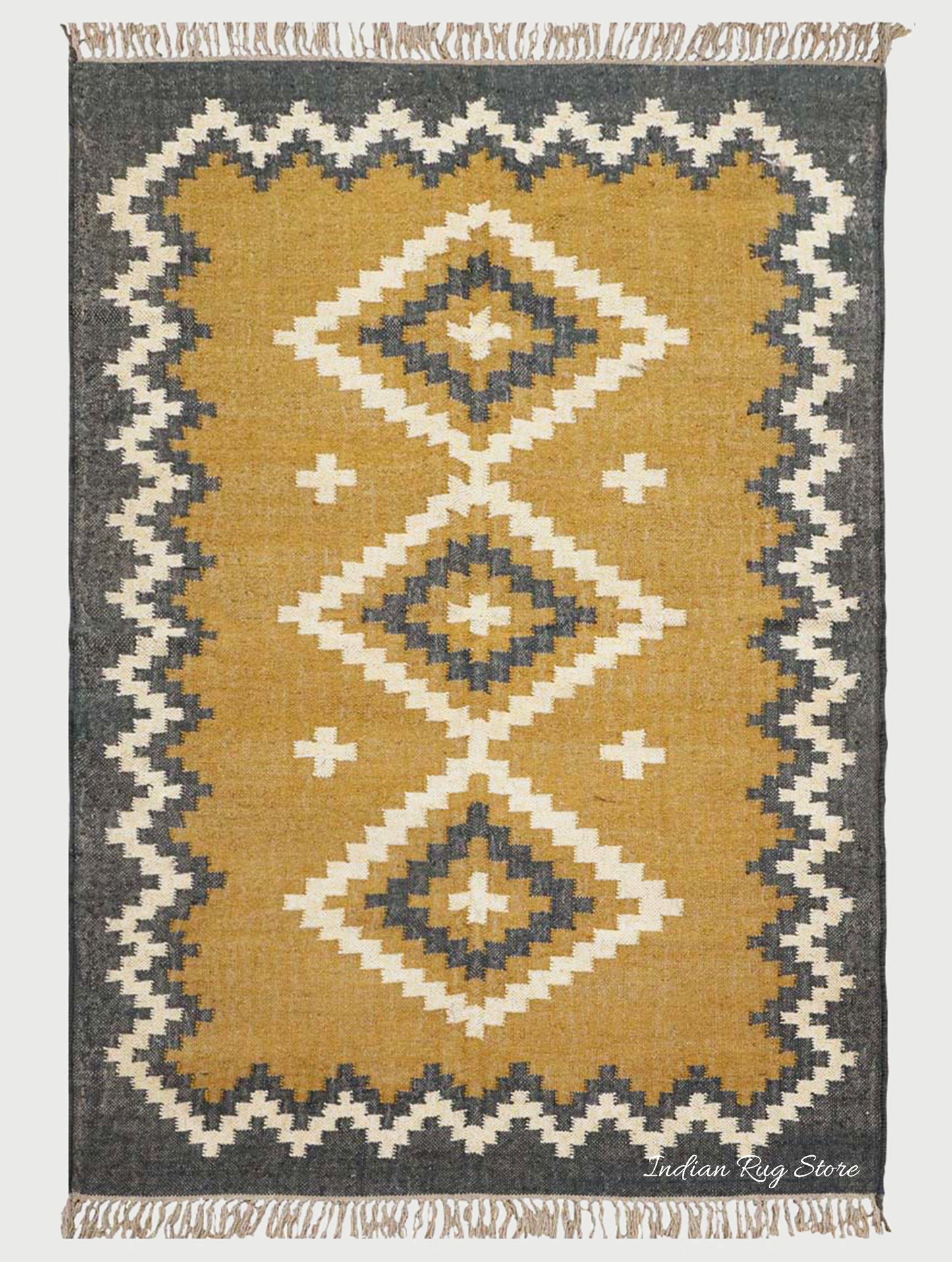 Indian Hand Woven Geometric Yellow Gray Wool Jute Rug