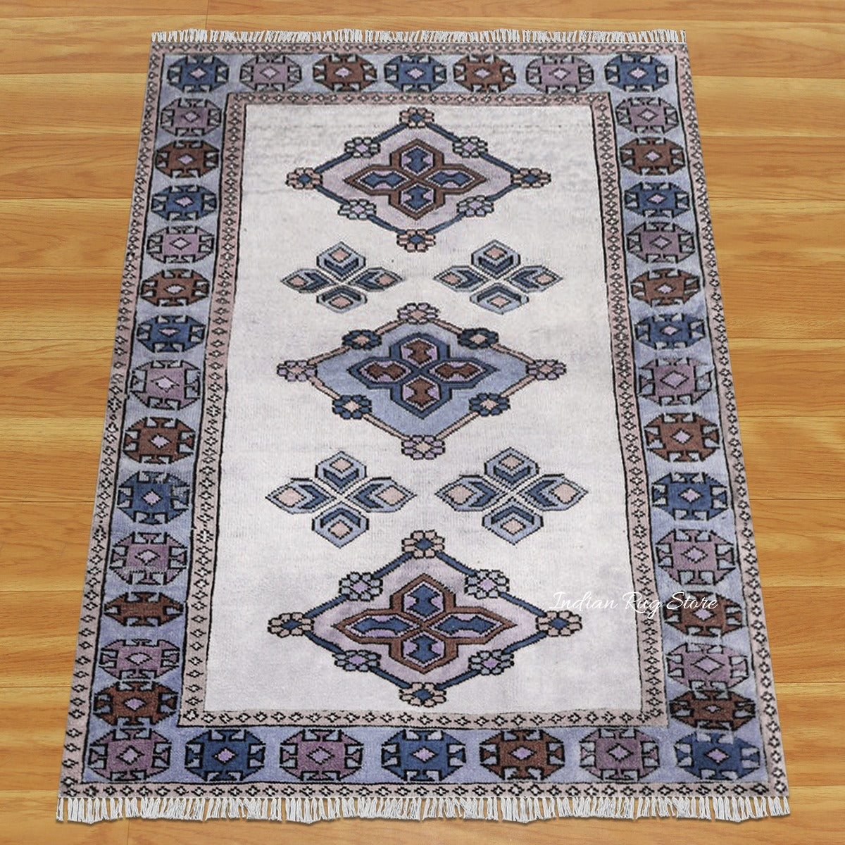 Natural Blue and Gray Bordered White Wool Area Rug