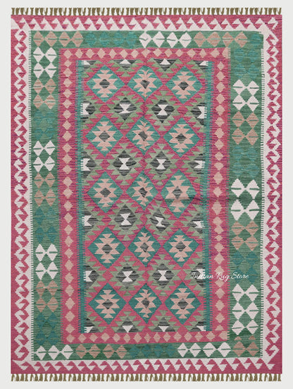 Dining Room Decor Green and Red Hand Woven Wool Rug