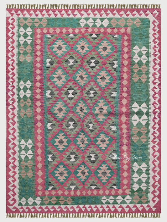 Dining Room Decor Green and Red Hand Woven Wool Rug