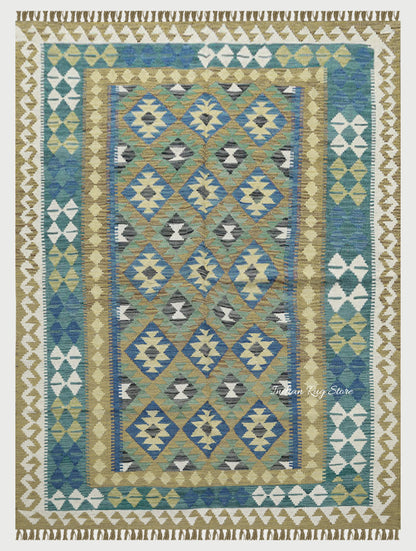 Beautiful Green Hand Woven Wool Home Decor Rug