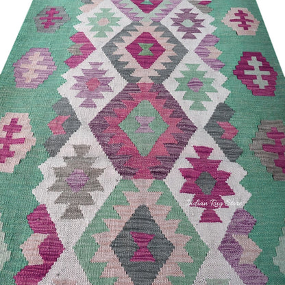 Pink and Green Hand Woven Wool Area Rug for Living Room Rug