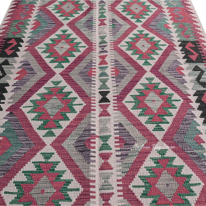 Natural Red and Green Hand Woven Wool Kilims for Bedroom Area