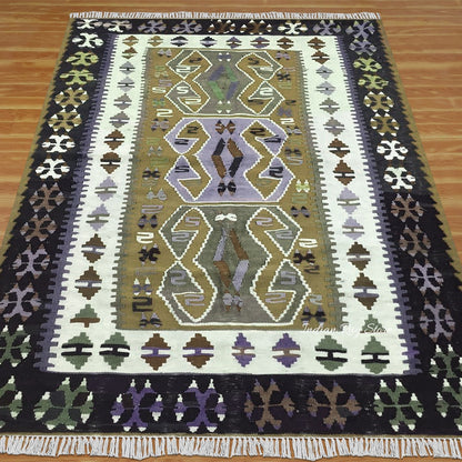 Natural Green and Black Hand Woven Wool Living Room Rug