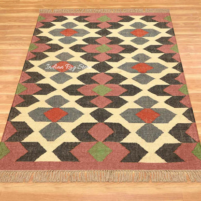 Rectangle Rust Multicolor Hand Woven Geometric Interior Wool Jute Rug