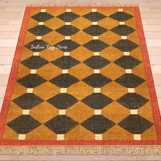 Alfombra de yute y lana tejida a mano india con motivos geométricos en amarillo y negro para pasillo Alfombra de yute y lana tejida a mano india con motivos geométricos en amarillo y negro para pasillo