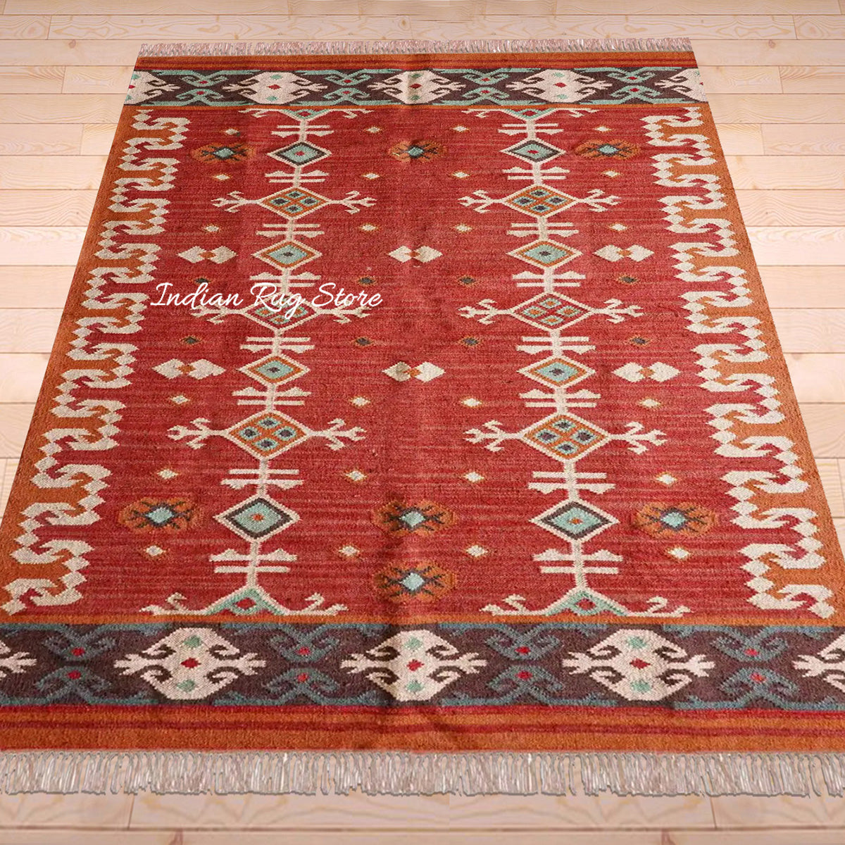 Red White Indian Hand Woven Geometric Trendy Wool Jute Rug