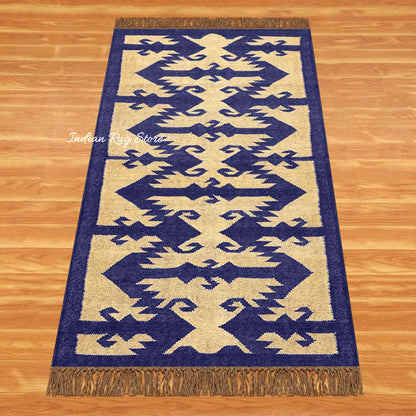 Indian Hand Woven Beige Navy Blue Dining Area Wool Jute Rug