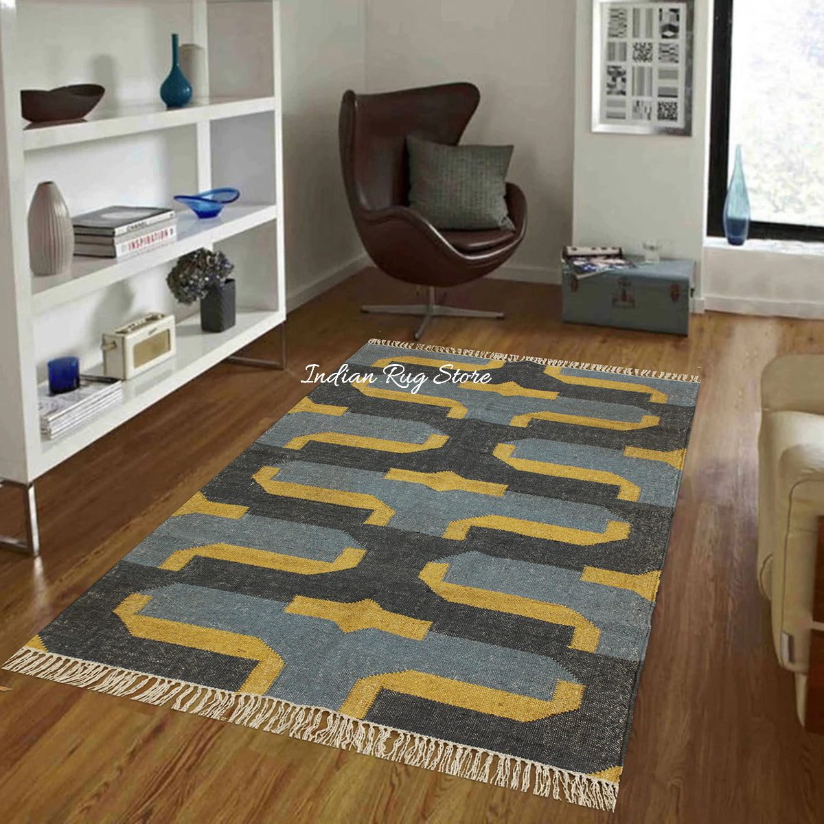 Indian Hand Woven Gray Yellow Musterd Geometric Wool Jute Rug